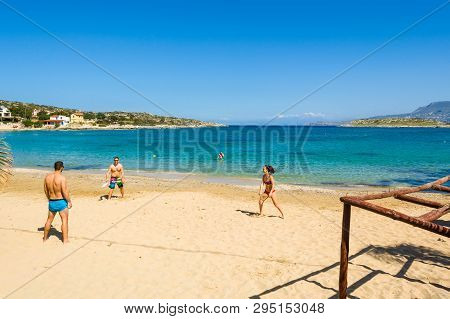 Crete, Greece - May 1,2015: Marathi Beach With Fine Sand And Shallow Calm Water. West Crete, Greece