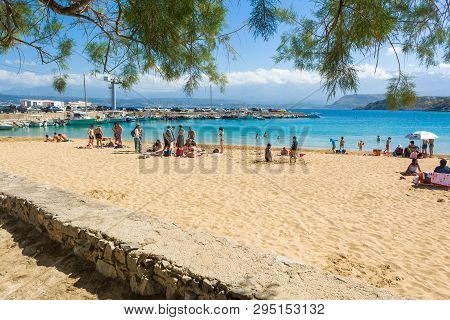 Crete, Greece - May 1,2015: Marathi Beach With Fine Sand And Shallow Calm Water. West Crete, Greece