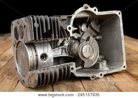 A Four-stroke Gasoline Engine In Section. The Interior Of A Single-cylinder Internal Combustion Engi