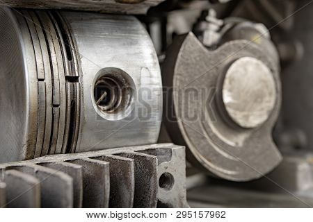A Four-stroke Gasoline Engine In Section. The Interior Of A Single-cylinder Internal Combustion Engi