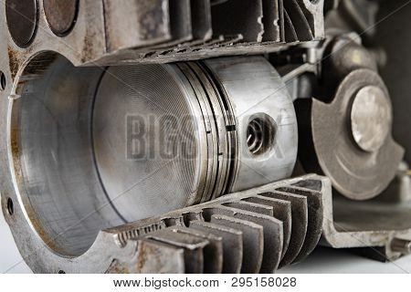 A Four-stroke Gasoline Engine In Section. The Interior Of A Single-cylinder Internal Combustion Engi