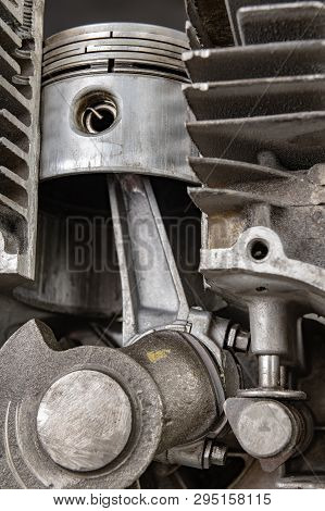 A Four-stroke Gasoline Engine In Section. The Interior Of A Single-cylinder Internal Combustion Engi