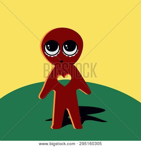 Cartoon Figure A Man With Blue Heart Becouse He Missing, Cruing And Fall In Love. Vector Illustratio