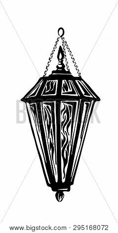 Hand Drawn Antique Hanging Lantern. Vector Black Ink Drawing Isolated On White Background. Graphic T