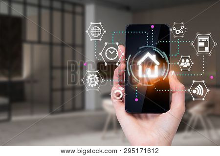 Woman Hand With Phone, Smart Home Concept