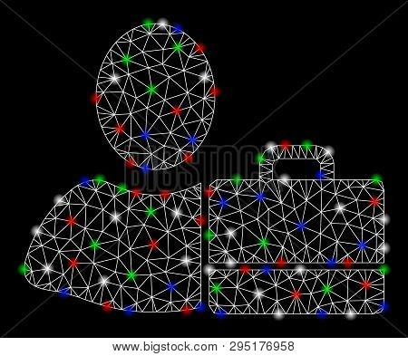 Bright Mesh Accounter With Glow Effect. White Wire Carcass Triangular Mesh In Vector Format On A Bla