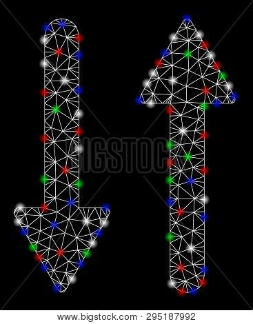 Bright Mesh Arrows Exchange Vertical With Glare Effect. White Wire Carcass Polygonal Mesh In Vector 