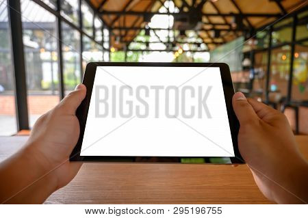 Businessman Hand Working On Tablet On Wooden Desk Tablet With Blank Screen Mockup Digital Tablet Com