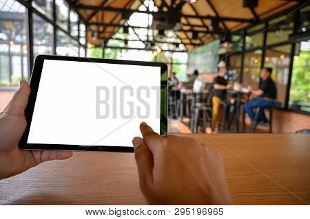 Businessman Hand Working On Tablet On Wooden Desk Tablet With Blank Screen Mockup Digital Tablet Com