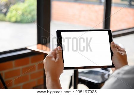 Businessman Hand Working On Tablet On Wooden Desk Tablet With Blank Screen Mockup Digital Tablet Com