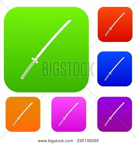 Japanese Katana Set Icon Color In Flat Style Isolated On White. Collection Sings Illustration