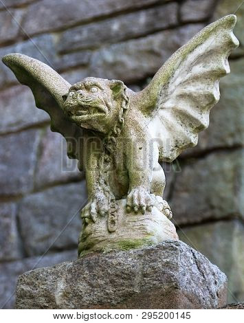 Gloucester, Massachusetts - April 6, 2019: Gargoyle Of Hammond Castle On The Coast Of Gloucester, Ma