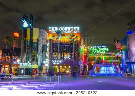 Orlando, Fl, Usa - Jan. 27, 2019: Citywalk At Night At Universal Studios Park In Orlando, Florida, U