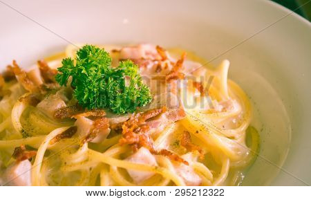 Spaghetti Carbonara With Bacon And Ham And Parsley And Mayonnaise Sauce. Spaghetti Carbonara With Ba