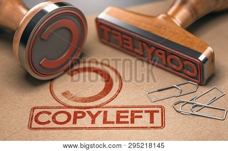 3d Illustration Of Two Rubber Stamps With Copyleft Symbol And Text Printed On Brown Paper