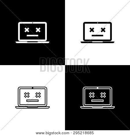 Set Dead Laptop Icons Isolated On Black And White Background. 404 Error Like Laptop With Dead Emoji.