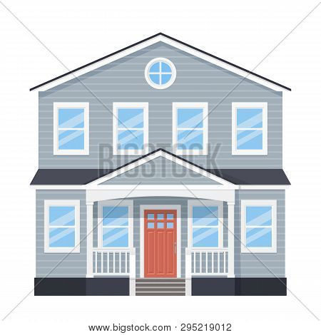 House Front View. Vector. Home Facade. Building Exterior With Door, Roof, Porch, Window. Modern Resi