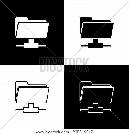 Set Ftp Folder Icons Icons On Black And White Background. Concept Of Software Update, Transfer Proto