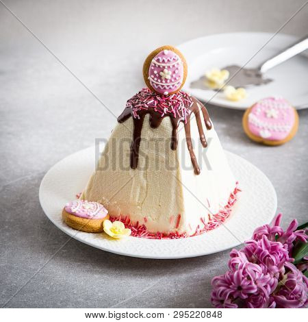 Easter Food Background. Traditional Curd Easter Cake With Spring Flowers Crocus On The  Light Backgr