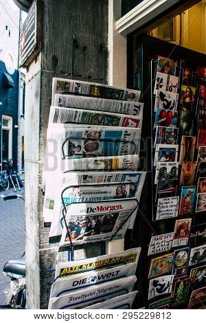 Amsterdam Netherlands April 10, 2019 Closeup Of Traditional Newspapers Sold In The Streets Of Amster