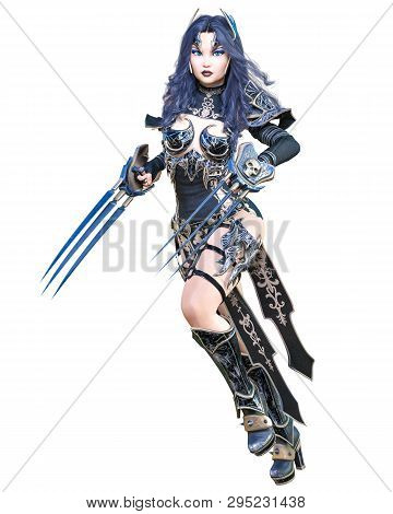 Warrior Amazon Woman Sword And Metal Blade.long Dark Hair.elven Warrior.comic Hero.muscular Athletic