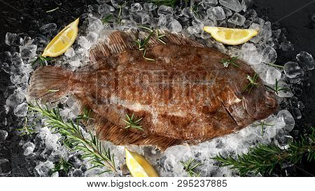 Raw Lemon Sole Fish On Ice With Herbs And Lemon Wedges