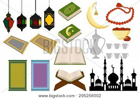 Illustration On Theme Big Colored Set Different Types Object To Celebration Holiday Ramadan Kareem. 