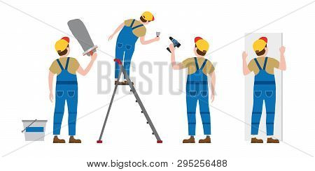Set Workers Put Plaster On A Stepladder, With A Screwdriver, Installing Gypsum Plasterboard Panels. 