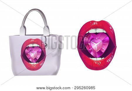 Vector Illustration Of Fashionable Women Bag With Print. Realistic Image
 White Reusable Shopping Ba