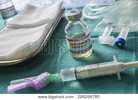 Vials With Sodium Pentobarbital Used For Euthanasia And Lethal Inyecion In A Hospital, Conceptual Im