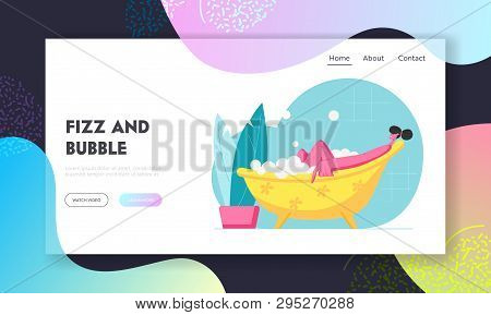 Young Woman Relax In Foamy Bath With Flying Bubbles. Happy Female Character Hygiene And Beauty Spa P