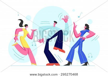 Young People Dancing On Disco Party. Man And Women In Fashioned Clothing Celebrating Holiday, Spendi