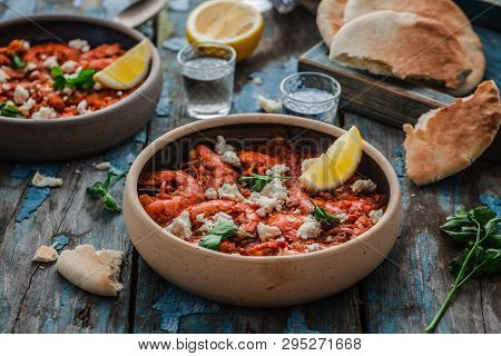 Close View Of Tiger Prawns In Tomato Sauce, Greek Cuisine