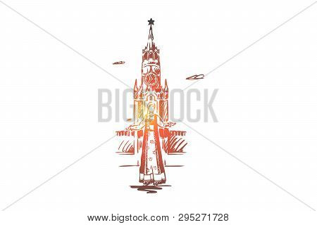 Russia, Kremlin, Moscow, Travel, City Concept. Hand Drawn Kremlin Tower And Woman In Traditional Rus