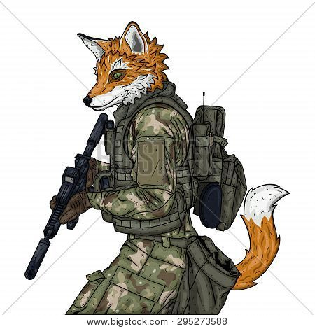 Fox Soldier Character. Vector Illustration Isolated On White Background.