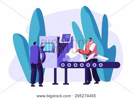 Engineers Male Characters Set Up Parts Of Robot On Conveyor Belt. Artificial Intelligence Develop An