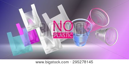 Vector Illustration Of Colored Plastic Bags And Glasses. Realistic Image Of Plastic Transparent Bags