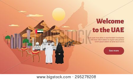 Travel Agency Flat Horizontal Welcome Website Banner With Uae Sightseeing Mountains Attractions Flag