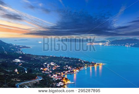 Night Summer Croatian Peljesac Peninsula (viganj, Croatia) Coastline, And Korcula Village And Island