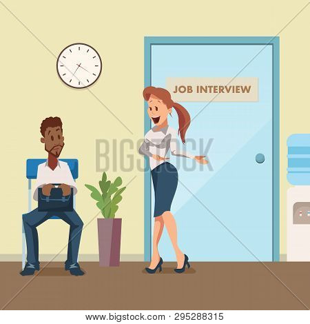 Man In Suit Wait Job Interview At Door In Corridor. Woman Manager Ask Male Employee To Office. Worri