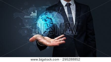 Businessman handing transparent global information flow concept on his hand