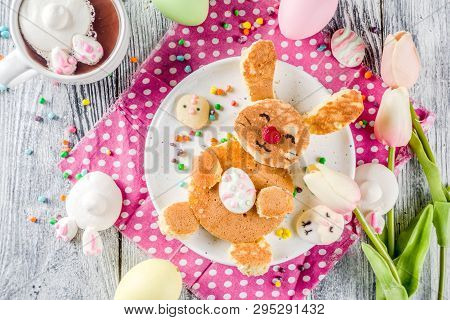 Funny Easter Breakfast Food, Kids Pancake In Form Of Bunny Rabbit, With Hot Chocolate, Top View Wood