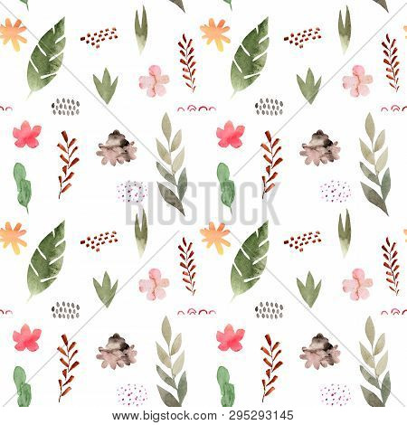 Watercolor Seamless Pattern Of Tropical Flowers And Leaves. Tropic Summer Print For Fabric Textile, 