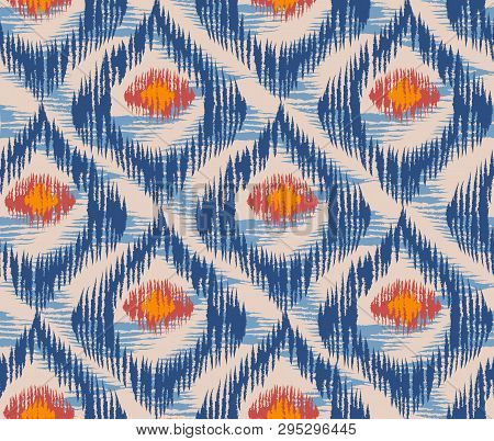 Vintage Vector Seamless Pattern In Ikat Style. Retro Ikat Blue Pattern.