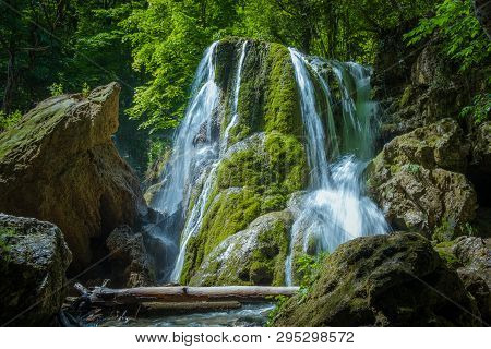Waterfall In A Fresh Green Forest. Crimea, Silver Streams