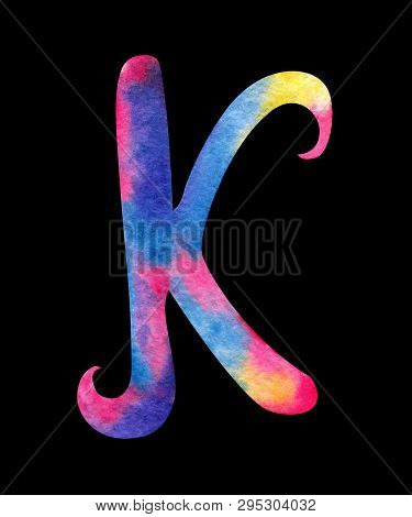 Hand Painted Watercolor English Letter K Whit Gentel Pink, Blue, Purple And Yellow Splashes