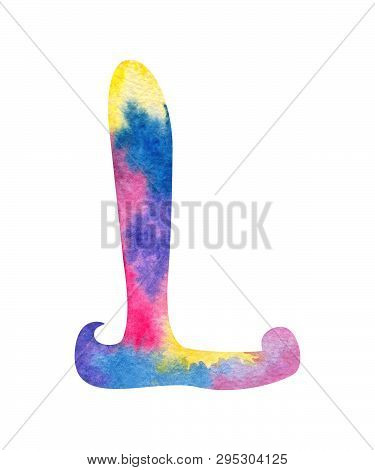 Hand Painted Watercolor English Letter L Whit Gentel Pink, Blue, Purple And Yellow Splashes