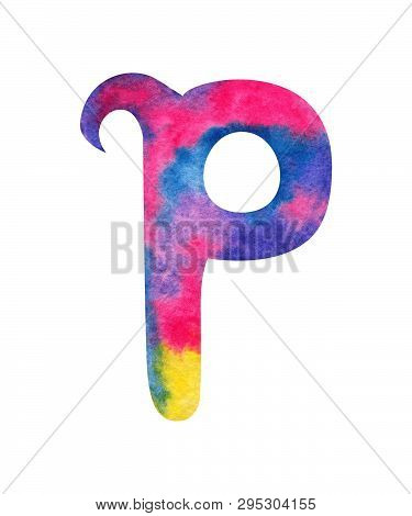Hand Painted Watercolor English Letter P Whit Gentel Pink, Blue, Purple And Yellow Splashes