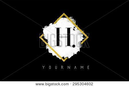 H Letter Logo Design With White Ink Stroke Over Golden Square Frame.