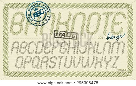 Vector Font From A To Z Created Using Guilloche Ornate, Decorate Waves. For Use As Bank Notes Or Bon
